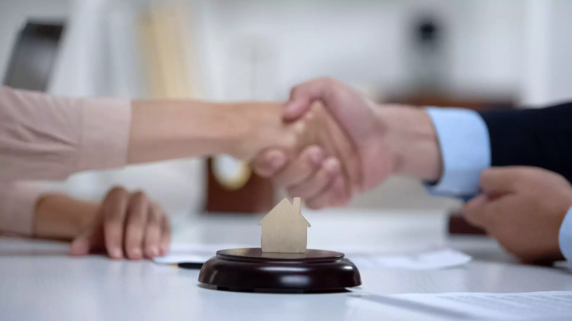 Woman shaking hands lawyer buying